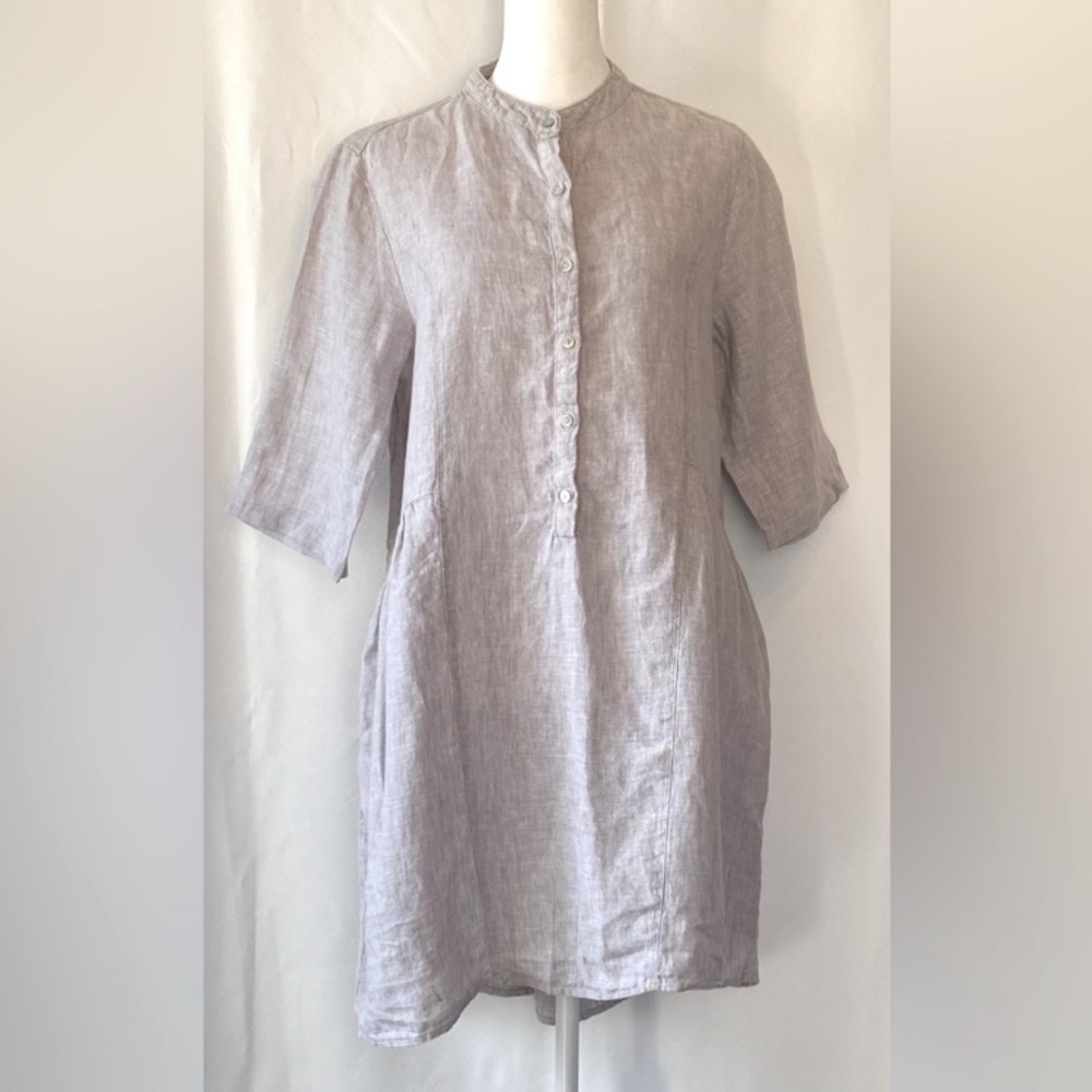 Women's Grey 100% Linen Dress MD Popover Lagenlook 3/4 Sleeve Coastal Grandma